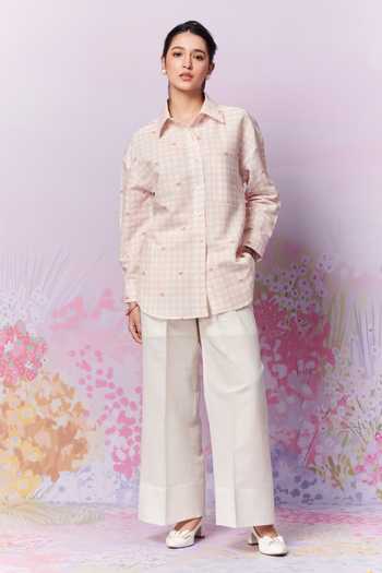 Moh India_Pink Linen Print Checks Collar Blush Blossom Shirt _Online_at_Aza_Fashions