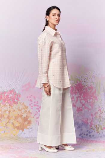 Buy_Moh India_Pink Linen Print Checks Collar Blush Blossom Shirt _Online_at_Aza_Fashions