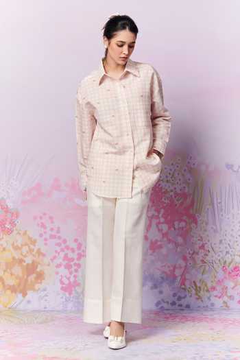 Shop_Moh India_Pink Linen Print Checks Collar Blush Blossom Shirt _Online_at_Aza_Fashions