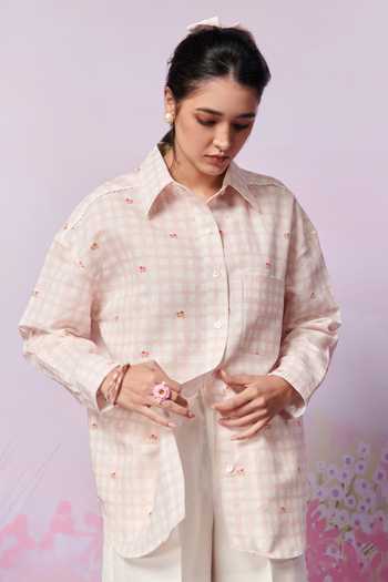 Moh India_Pink Linen Print Checks Collar Blush Blossom Shirt _at_Aza_Fashions