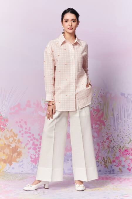 Moh India Blush Blossom Checks Print Shirt With Trouser 