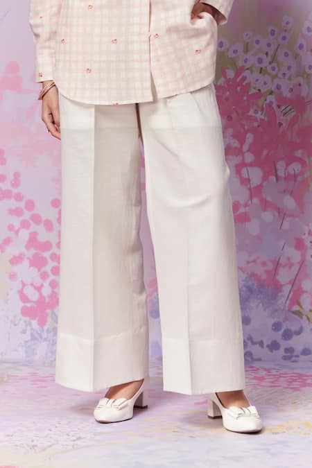 Moh India_Pink Linen Print Checks Collar Blush Blossom Shirt With Trouser _Online_at_Aza_Fashions