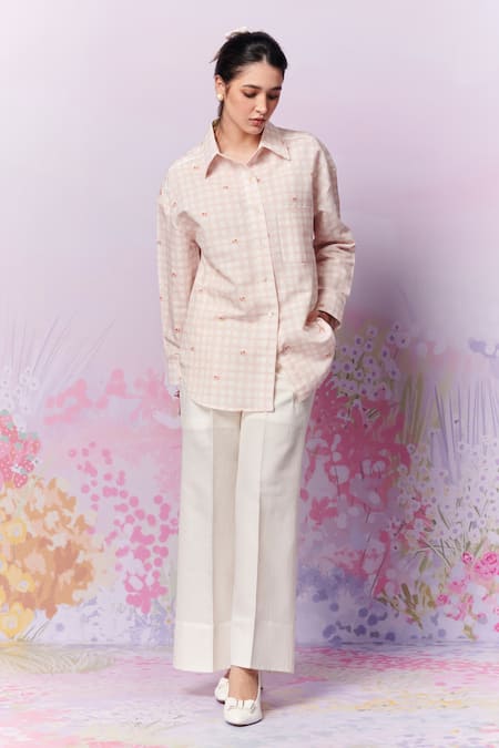 Moh India_Pink Linen Print Checks Collar Blush Blossom Shirt With Trouser _at_Aza_Fashions