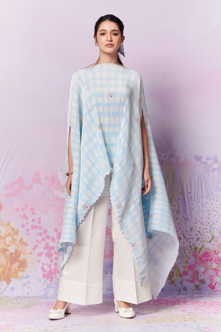 Moh India_Blue Poly Satin Print Checks Boat Capri Roses Gingham Cape _Online_at_Aza_Fashions