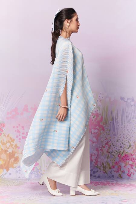Moh India_Blue Poly Satin Print Checks Boat Capri Roses Gingham Cape _at_Aza_Fashions