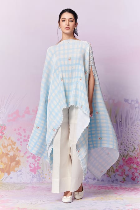 Buy_Moh India_Blue Cape Poly Satin Print Checks Boat Capri Roses Gingham With Trouser _Online_at_Aza_Fashions
