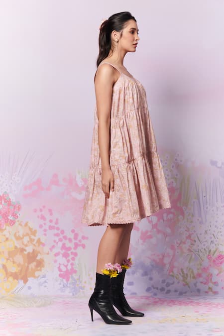 Moh India_Ivory Cotton Round Neck Petite Blooms Ditsy Print Tiered Dress _Online_at_Aza_Fashions