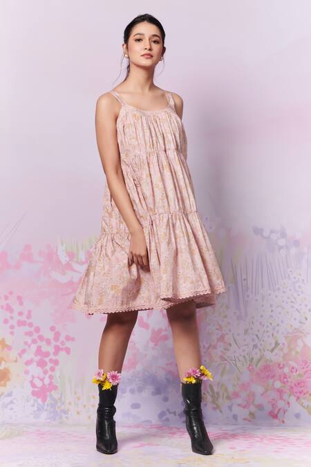 Buy_Moh India_Ivory Cotton Round Neck Petite Blooms Ditsy Print Tiered Dress _Online_at_Aza_Fashions