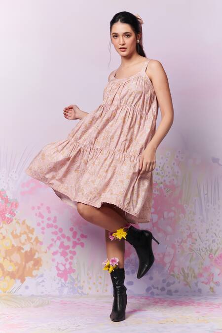Shop_Moh India_Ivory Cotton Round Neck Petite Blooms Ditsy Print Tiered Dress _Online_at_Aza_Fashions