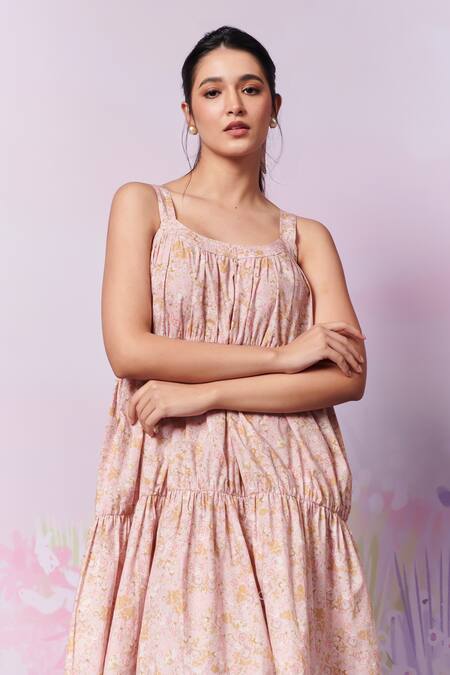 Buy_Moh India_Ivory Cotton Round Neck Petite Blooms Ditsy Print Tiered Dress 