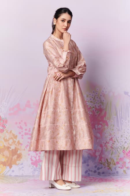 Shop_Moh India_Ivory Kurta Pure Chanderi Silk Printed Ditsy Mandarin Collar With Inner _Online_at_Aza_Fashions