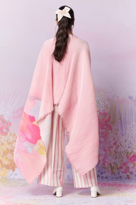 Shop_Moh India_Ivory Poly Satin Printed Tulip Straight Pleated Cape _at_Aza_Fashions