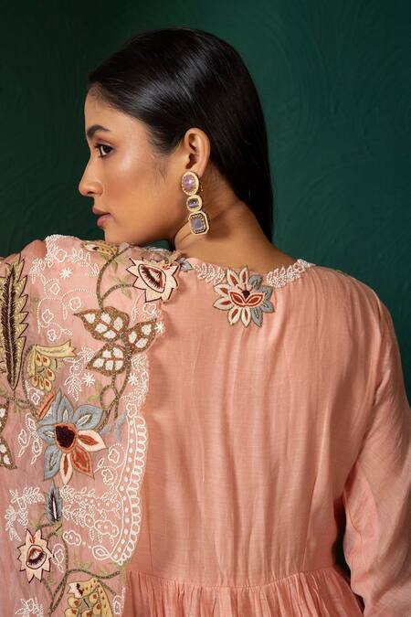 Buy Oshi By Shikha Pink Chanderi, Silk Organza Embroidery Round Neck Floral Anarkali And Pant Set Online at Aza Fashions Buy_Oshi By Shikha_Pink Chanderi, Silk Organza Embroidery Round Neck Floral Anarkali And Pant Set _Online_at_Aza_Fashions