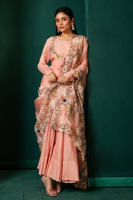 Shop Oshi By Shikha Pink Chanderi, Silk Organza Embroidery Round Neck Floral Anarkali And Pant Set Online at Aza Fashions Shop_Oshi By Shikha_Pink Chanderi, Silk Organza Embroidery Round Neck Floral Anarkali And Pant Set _Online_at_Aza_Fashions