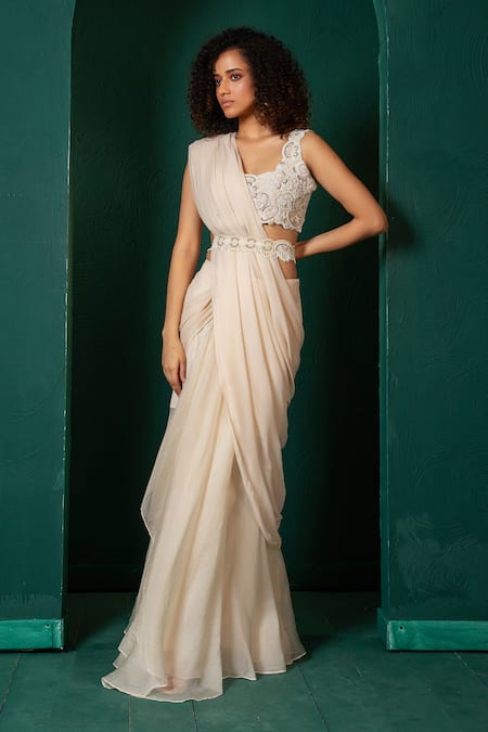 Buy Oshi By Shikha Off White Chiffon, Organza, Chanderi Embroidery, Pearls, Pre-draped Saree Set Online at Aza Fashions Buy_Oshi By Shikha_Off White Chiffon, Organza, Chanderi Embroidery, Pearls, Pre-draped Saree Set _Online_at_Aza_Fashions