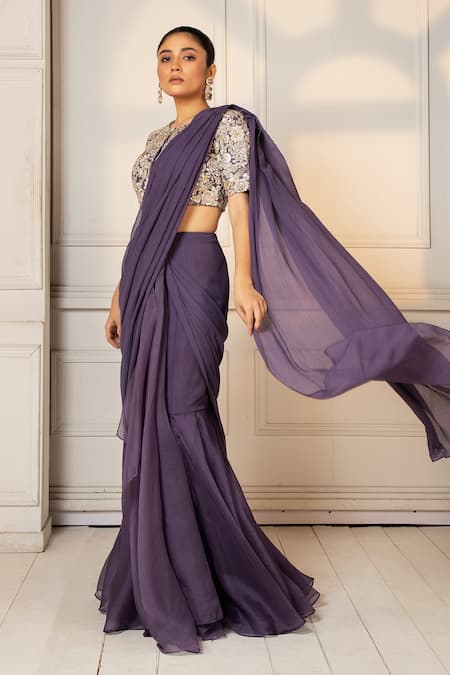 Oshi By Shikha_Purple Silk, Chiffon, Organza Sequins, Zari Blouse With Pre-draped Saree _Online_at_Aza_Fashions