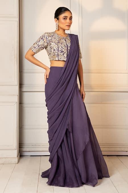 Shop_Oshi By Shikha_Purple Silk, Chiffon, Organza Sequins, Zari Blouse With Pre-draped Saree _Online_at_Aza_Fashions