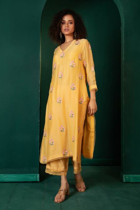 Shop Oshi By Shikha Yellow Chanderi, Silk, Kota Doria Embroidery, Floral Thread Kurta And Pant Set at Aza Fashions Shop_Oshi By Shikha_Yellow Chanderi, Silk, Kota Doria Embroidery, Floral Thread Kurta And Pant Set_at_Aza_Fashions