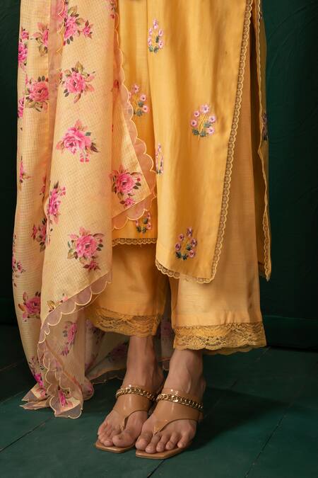 Shop Oshi By Shikha Yellow Chanderi, Silk, Kota Doria Embroidery, Floral Thread Kurta And Pant Set Online at Aza Fashions Shop_Oshi By Shikha_Yellow Chanderi, Silk, Kota Doria Embroidery, Floral Thread Kurta And Pant Set_Online_at_Aza_Fashions