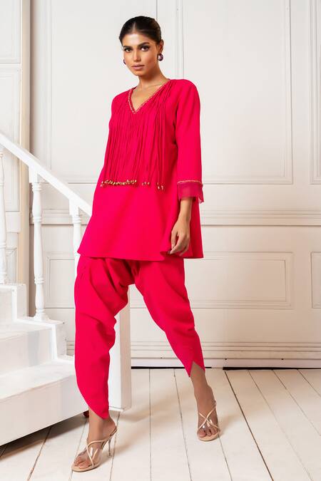 Buy_Oshi By Shikha_Pink Cotton, Linen Tassels, Sequins V-neck Tunic With Dhoti Pant _Online_at_Aza_Fashions