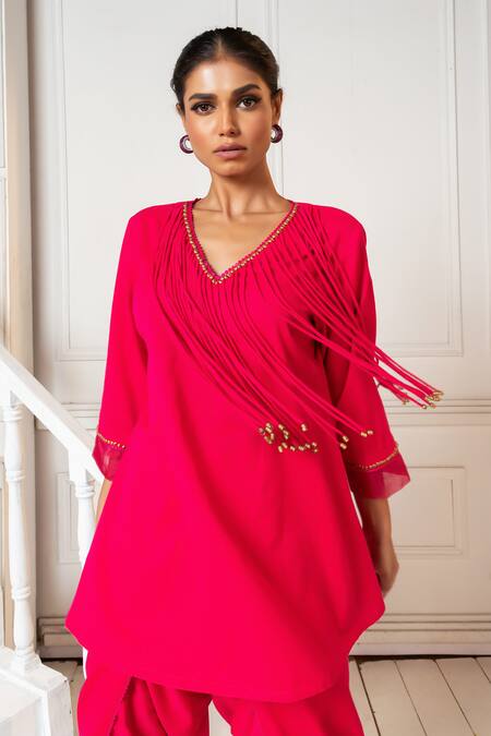 Oshi By Shikha_Pink Cotton, Linen Tassels, Sequins V-neck Tunic With Dhoti Pant _at_Aza_Fashions