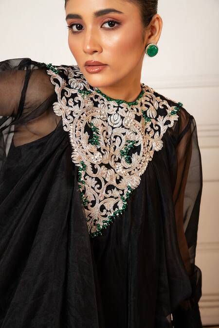 Oshi By Shikha Black Organza, Silk Pearls Zardosi Embroidered Asymmetric Top And Draped Skirt Set Online at Aza Fashions Oshi By Shikha_Black Organza, Silk Pearls Zardosi Embroidered Asymmetric Top And Draped Skirt Set _Online_at_Aza_Fashions