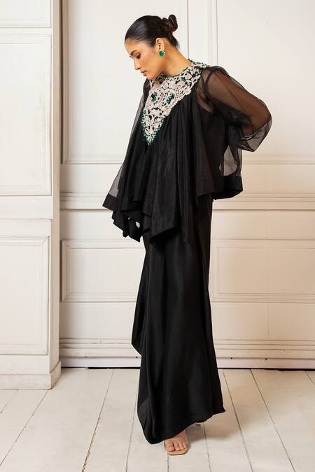 Buy Oshi By Shikha Black Organza, Silk Pearls Zardosi Embroidered Asymmetric Top And Draped Skirt Set Online at Aza Fashions Buy_Oshi By Shikha_Black Organza, Silk Pearls Zardosi Embroidered Asymmetric Top And Draped Skirt Set _Online_at_Aza_Fashions