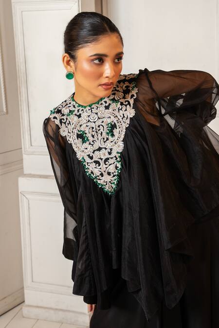 Shop Oshi By Shikha Black Organza, Silk Pearls Zardosi Embroidered Asymmetric Top And Draped Skirt Set Online at Aza Fashions Shop_Oshi By Shikha_Black Organza, Silk Pearls Zardosi Embroidered Asymmetric Top And Draped Skirt Set _Online_at_Aza_Fashions