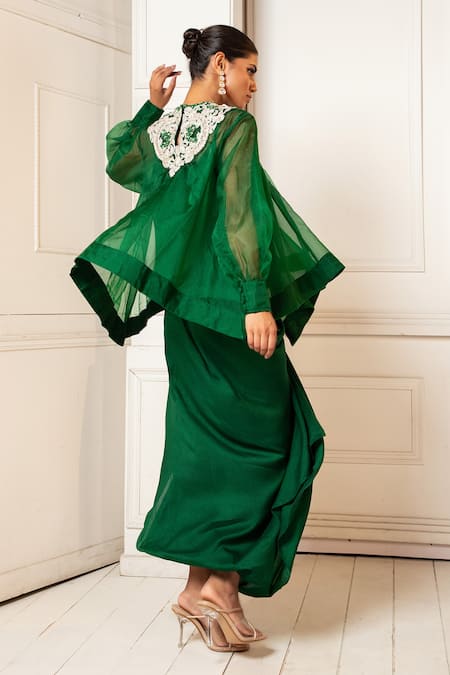 Oshi By Shikha Zardosi Embroidered Yoke Top & Draped Skirt Set 