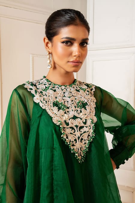 Buy_Oshi By Shikha_Green Organza, Silk Pearls, Zari Zardosi Embroidered Yoke Top And Draped Skirt Set _Online_at_Aza_Fashions