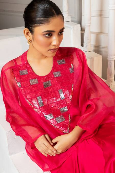 Oshi By Shikha Pink Organza, Silk, Satin Sequins, Embroidered Asymmetric Top And Draped Skirt Set Online at Aza Fashions Oshi By Shikha_Pink Organza, Silk, Satin Sequins, Embroidered Asymmetric Top And Draped Skirt Set _Online_at_Aza_Fashions