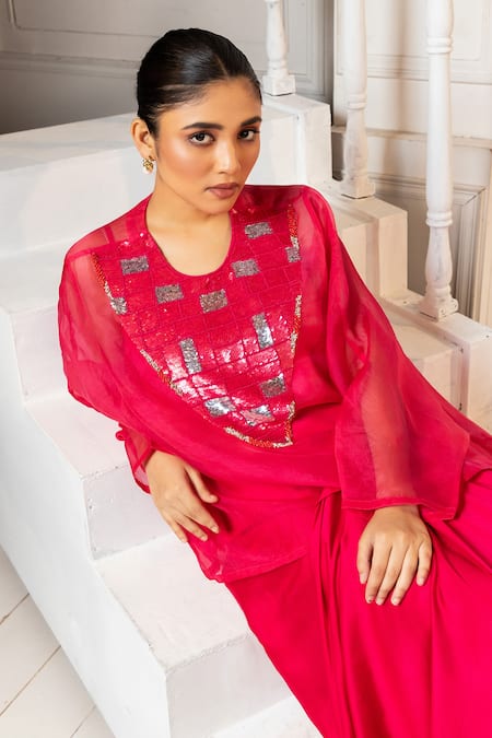 Buy Oshi By Shikha Pink Organza, Silk, Satin Sequins, Embroidered Asymmetric Top And Draped Skirt Set Online at Aza Fashions Buy_Oshi By Shikha_Pink Organza, Silk, Satin Sequins, Embroidered Asymmetric Top And Draped Skirt Set _Online_at_Aza_Fashions