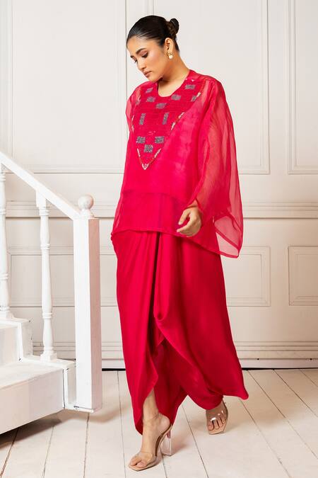 Shop Oshi By Shikha Pink Organza, Silk, Satin Sequins, Embroidered Asymmetric Top And Draped Skirt Set Online at Aza Fashions Shop_Oshi By Shikha_Pink Organza, Silk, Satin Sequins, Embroidered Asymmetric Top And Draped Skirt Set _Online_at_Aza_Fashions