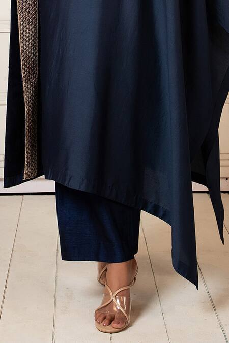 Oshi By Shikha_Blue Silk Embroidery, Beads Round Neck Zardosi Asymmetric Kaftan With Pant _Online_at_Aza_Fashions