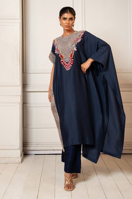 Buy_Oshi By Shikha_Blue Silk Embroidery, Beads Round Neck Zardosi Asymmetric Kaftan With Pant _Online_at_Aza_Fashions