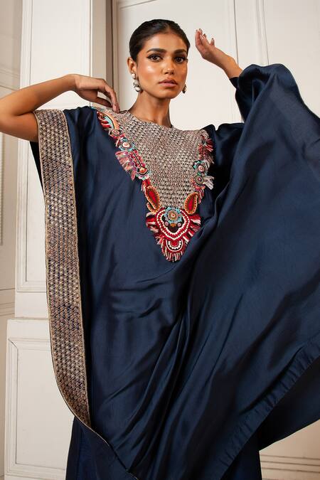 Oshi By Shikha_Blue Silk Embroidery, Beads Round Neck Zardosi Asymmetric Kaftan With Pant _at_Aza_Fashions