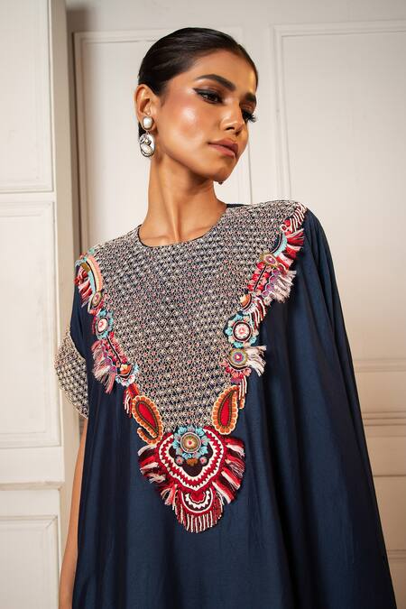 Buy_Oshi By Shikha_Blue Silk Embroidery, Beads Round Neck Zardosi Asymmetric Kaftan With Pant 