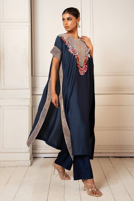 Shop_Oshi By Shikha_Blue Silk Embroidery, Beads Round Neck Zardosi Asymmetric Kaftan With Pant 