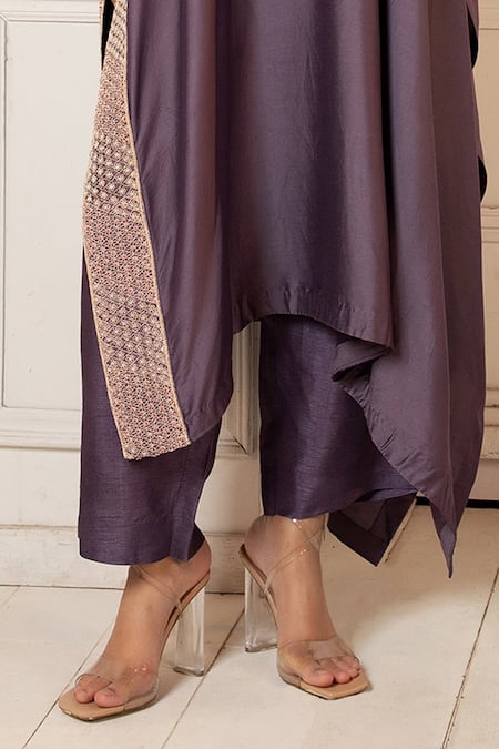 Oshi By Shikha_Purple Silk Embroidery Round Neck Zardosi Asymmetric Kaftan With Pant _Online_at_Aza_Fashions