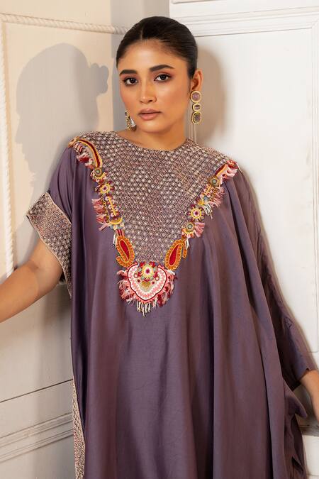 Shop_Oshi By Shikha_Purple Silk Embroidery Round Neck Zardosi Asymmetric Kaftan With Pant _Online_at_Aza_Fashions