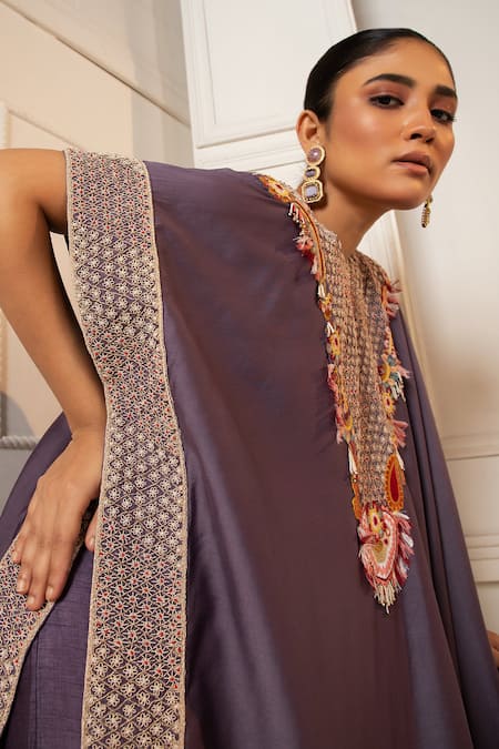 Oshi By Shikha_Purple Silk Embroidery Round Neck Zardosi Asymmetric Kaftan With Pant _at_Aza_Fashions