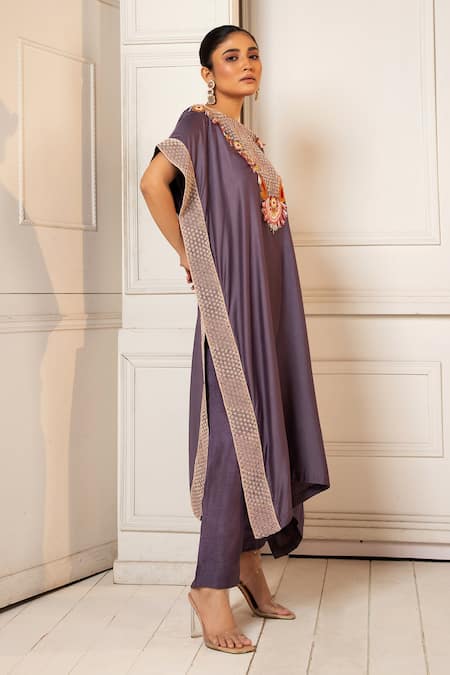 Buy_Oshi By Shikha_Purple Silk Embroidery Round Neck Zardosi Asymmetric Kaftan With Pant 