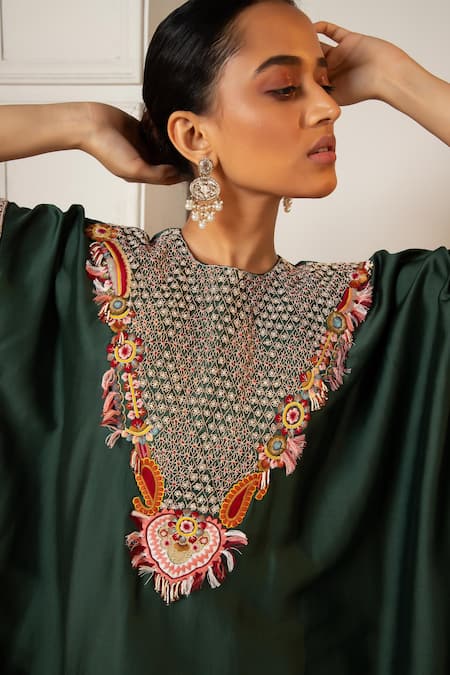 Buy_Oshi By Shikha_Green Silk Embroidery Round Neck Floral Asymmetric Kaftan With Pant _Online_at_Aza_Fashions