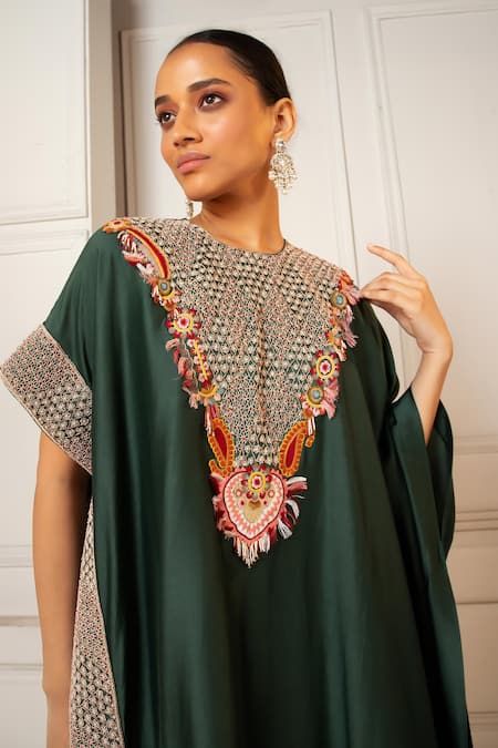Shop_Oshi By Shikha_Green Silk Embroidery Round Neck Floral Asymmetric Kaftan With Pant _Online_at_Aza_Fashions