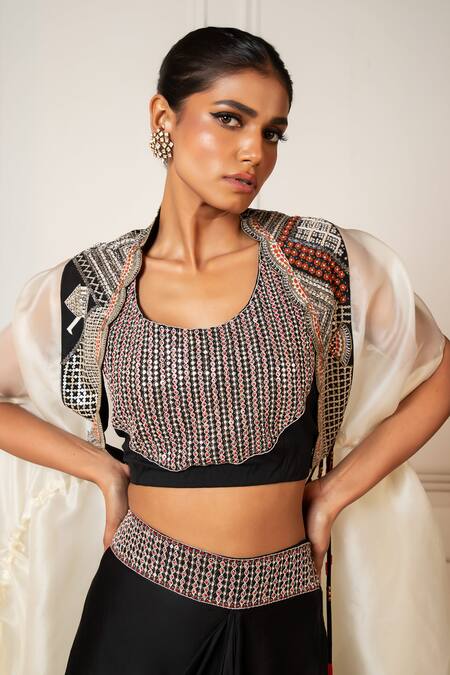 Buy Oshi By Shikha Black Cotton, Lycra, Silk Zardosi Scallop Embroidered Cape And Drape Skirt Set Online at Aza Fashions Buy_Oshi By Shikha_Black Cotton, Lycra, Silk Zardosi Scallop Embroidered Cape And Drape Skirt Set _Online_at_Aza_Fashions