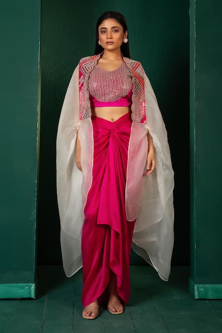 Oshi By Shikha Pink Cape Silk Organza Hand Embroidery Zardosi Blouse Round And Drape Skirt Set 