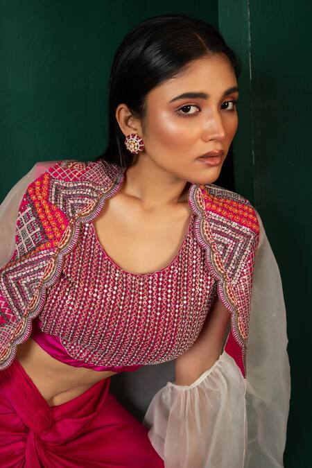 Shop Oshi By Shikha Pink Cotton, Lycra, Silk Zari Round Zardosi Embroidered Cape And Drape Skirt Set Online at Aza Fashions Shop_Oshi By Shikha_Pink Cotton, Lycra, Silk Zari Round Zardosi Embroidered Cape And Drape Skirt Set _Online_at_Aza_Fashions