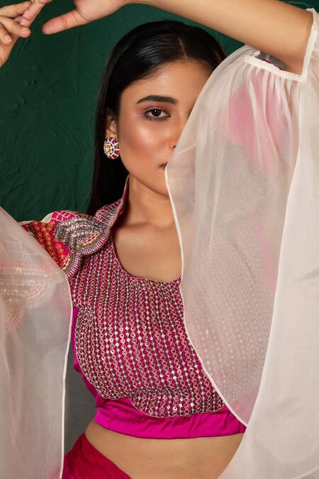 Oshi By Shikha Pink Cotton, Lycra, Silk Zari Round Zardosi Embroidered Cape And Drape Skirt Set at Aza Fashions Oshi By Shikha_Pink Cotton, Lycra, Silk Zari Round Zardosi Embroidered Cape And Drape Skirt Set _at_Aza_Fashions