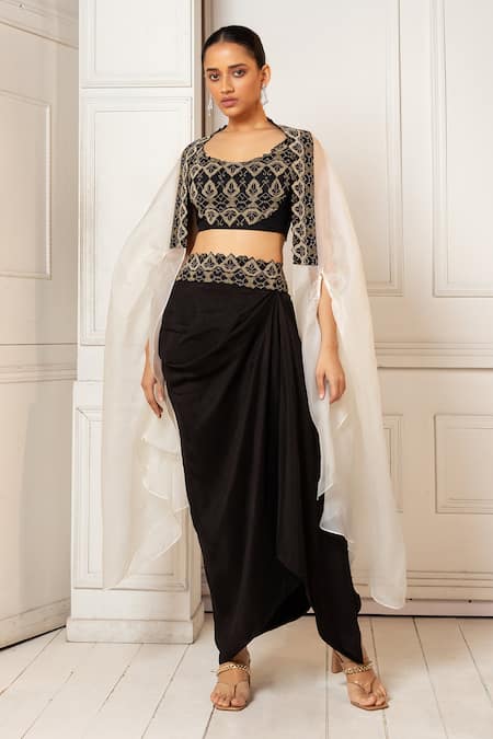 Oshi By Shikha Black Cape Silk Organza Hand Embroidery Zardosi Beads And Drape Skirt Set 