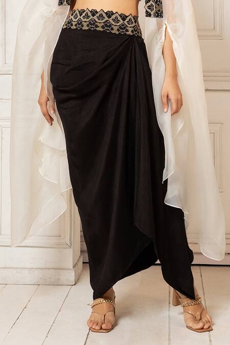Oshi By Shikha_Black Cotton, Lycra, Silk Sequins, Zari, Beads Cape And Drape Skirt Set_Online_at_Aza_Fashions